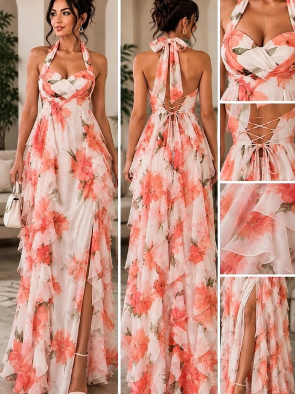 Women’s Floral Halter Maxi Dress Ruffle High Slit Lace-Up Back